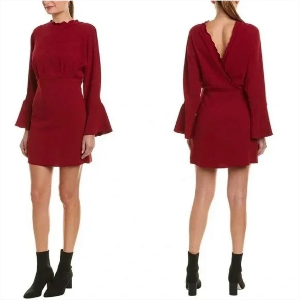 IRO Ivanoe Deep-V Back Bell-Sleeve Mini Dress in Burgundy Red